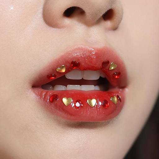 Glossy Red Lips with Heart Decorations