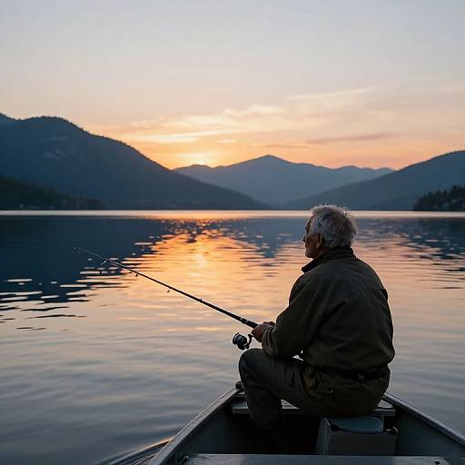 Elderly man with grey hair fishing in a calm lake at sunset, silhouetted against mountains and reflected orange sky. Photographic image.