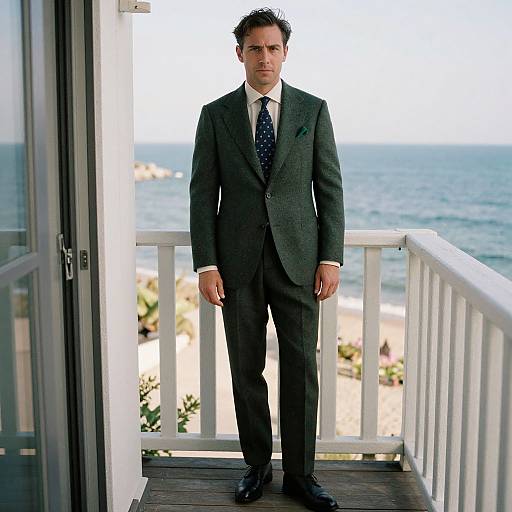 Photograph of a serious, tall man in a dark gray suit, white shirt, and polka-dot tie standing on a balcony overlooking a blue ocean