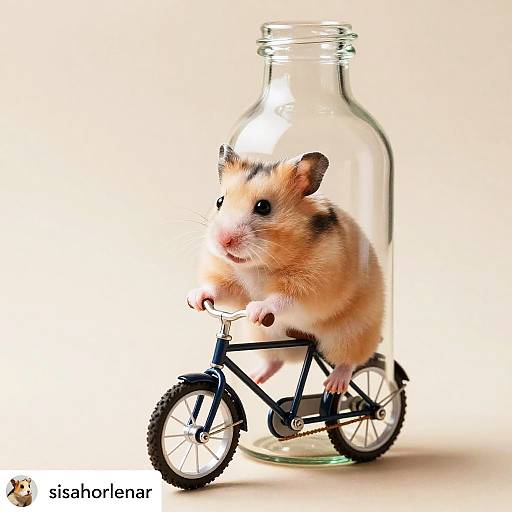 Photograph of a cute, fluffy hamster with brown and white fur riding a small black bicycle inside a clear glass jar. Watermark: 
