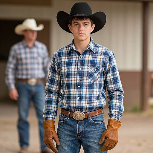 Photograph of a young white man in a black cowboy hat, blue plaid shirt, brown gloves, and jeans, standing in front of a blurred