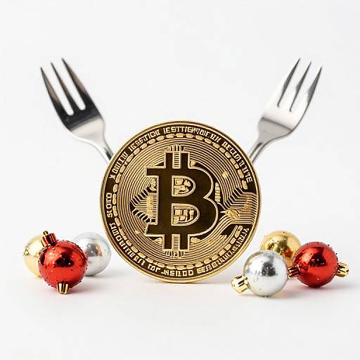 Photograph of a gold Bitcoin coin with forked silver forks behind it, surrounded by red and silver Christmas ornaments.