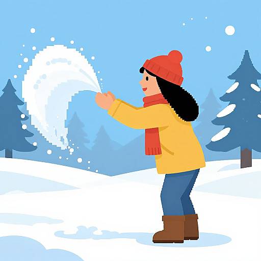 Digital illustration of a smiling woman with black hair, wearing a red beanie, yellow coat, red scarf, blue jeans, and brown boots, building