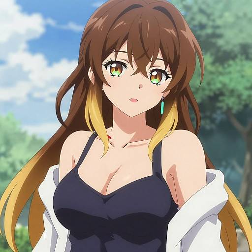 Anime-style digital drawing of a cute, brown-haired girl with green eyes, wearing a black tank top, white jacket, turquoise earrings, and standing outdoors