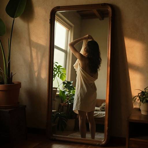 Photograph of a woman with long, wavy hair, wearing a white, sleeveless dress, adjusting her hair in front of a tall, wooden