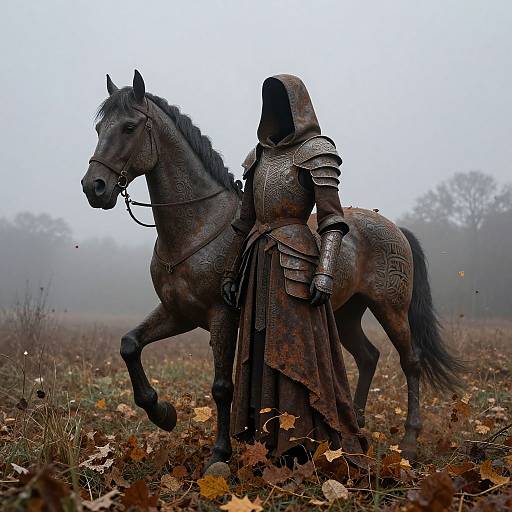 Photograph of armored warrior in hood, standing with dark brown horse in foggy, autumn field with scattered leaves.