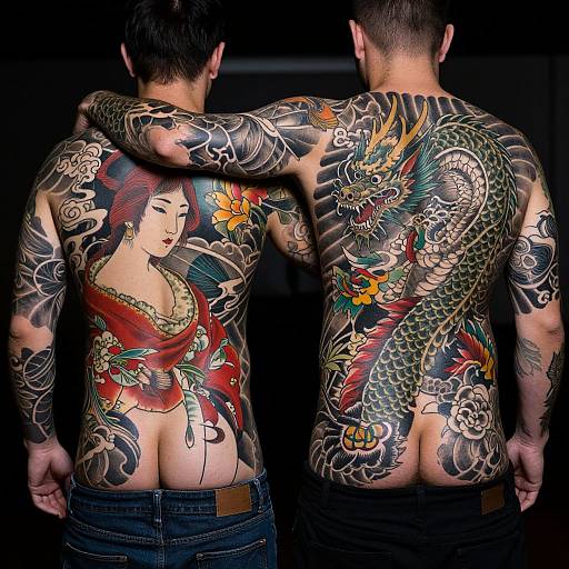 Photograph of two tattooed men with back-to-back designs; left features Japanese geisha, right has dragon, both wearing jeans. Dark background highlights
