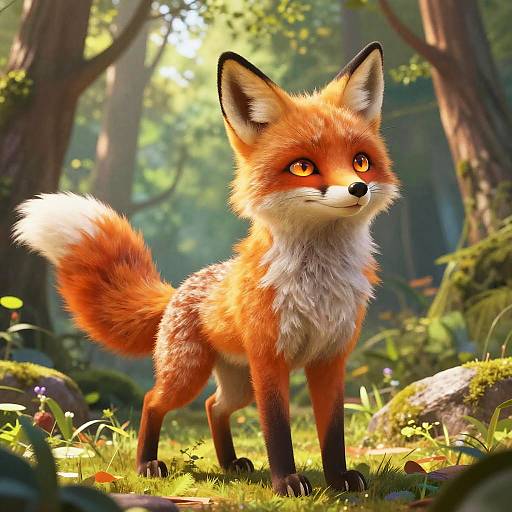 Digital art of a cute, fluffy red fox with bright orange eyes standing in a sunlit forest, surrounded by lush greenery and moss-covered rocks.