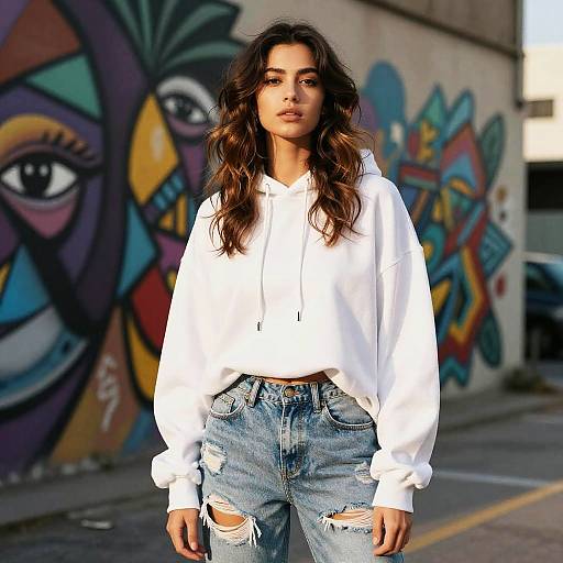 Photograph of a young woman with long, wavy brown hair, wearing a white hoodie and distressed blue jeans, standing in front of colorful graffiti on