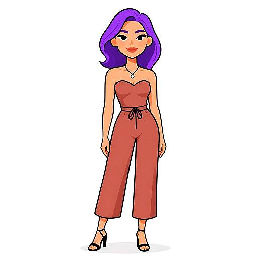 Cartoon-style digital illustration of a confident woman with purple hair, wearing a strapless, red romper, black heels, and a necklace, standing