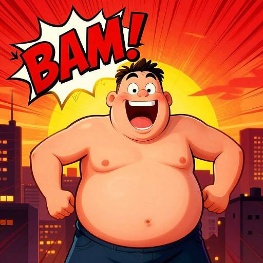 Cartoon-style drawing of a chubby, shirtless man with black hair, wide smile, and clenched fists, shouting 