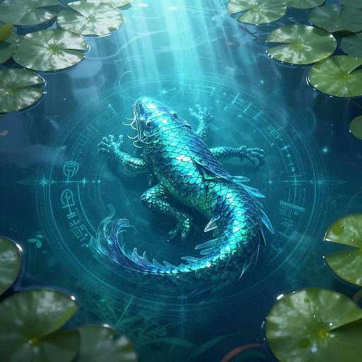 Digital art of a glowing blue dragon swimming beneath sunlight, surrounded by green lily pads, with 