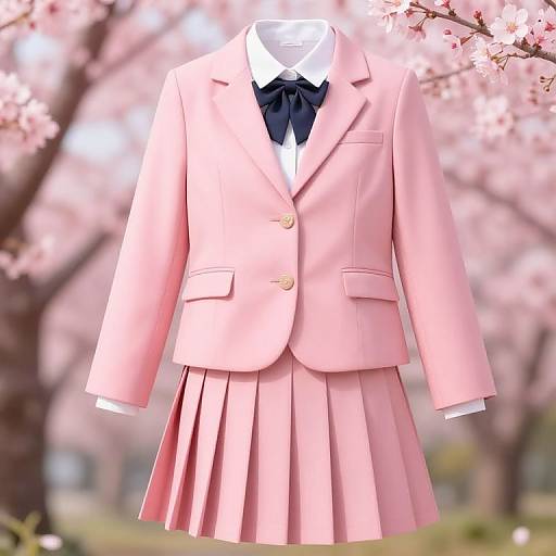Photograph of a pink schoolgirl uniform with blazer and pleated skirt, displayed headless, against a blurred cherry blossom background.