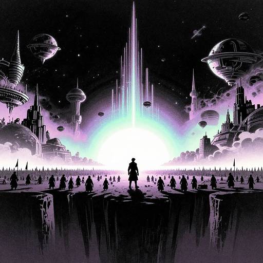 Digital art: Silhouetted crowd gazes at bright, white-blue beam amidst futuristic cityscape with floating spheres and towering structures in dark, star