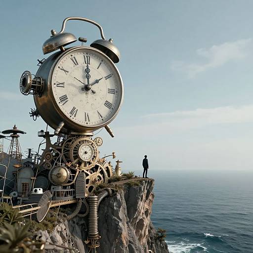 Steampunk-style giant clock on cliff edge, ocean below, person silhouetted against the sky; clock face showing 10:10,