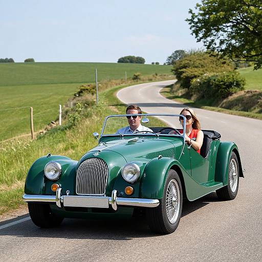 Photograph of a green vintage convertible car with two people, a man and woman, driving on a winding rural road, surrounded by green fields and trees