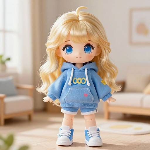 Whimsical Blonde Doll in Blue Hoodie