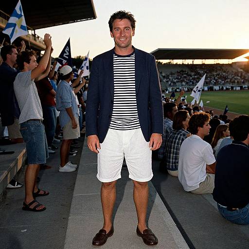 Photograph of a smiling man with short dark hair, wearing a navy blazer, striped shirt, white shorts, and brown loafers, standing in