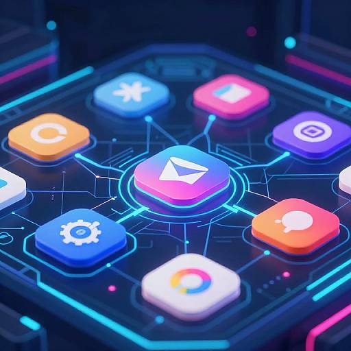 Neon-lit digital interface with colorful, glowing buttons (play, gear, circle, plus, and more) connected by blue circuit lines on a