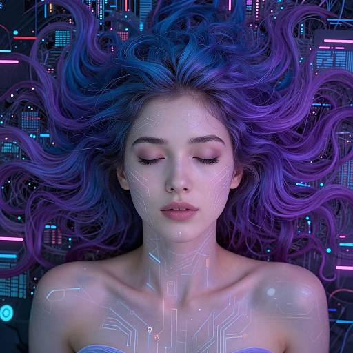 Digital portrait of a serene, fair-skinned woman with vibrant purple hair, closed eyes, and glowing circuit patterns on her face and chest, set against