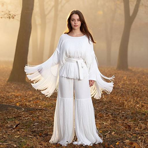 Photograph of a young woman with long brown hair in a white, flowing fringe dress, standing in a foggy, autumn forest.