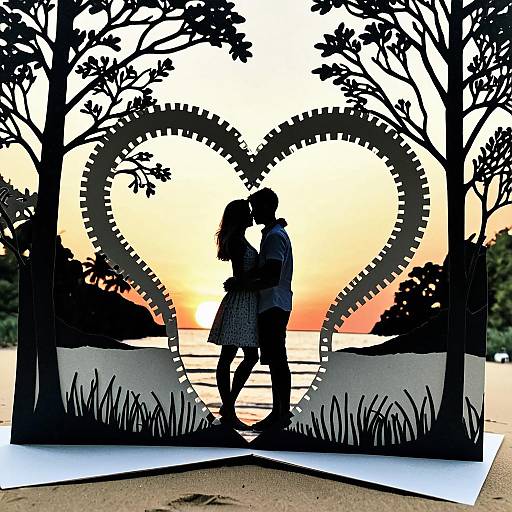 Silhouette Couple Embracing at Beach Sunset Through Heart Cutout