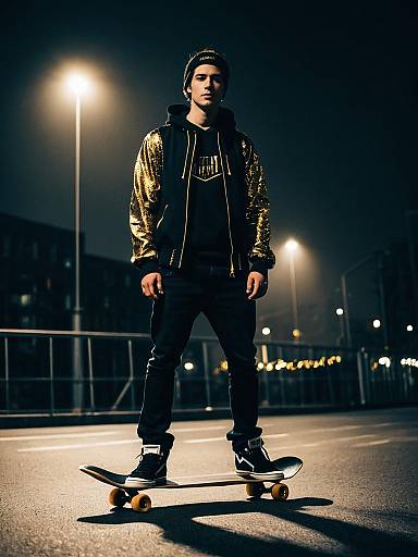 Young Man in Rock Outfit on Skateboard