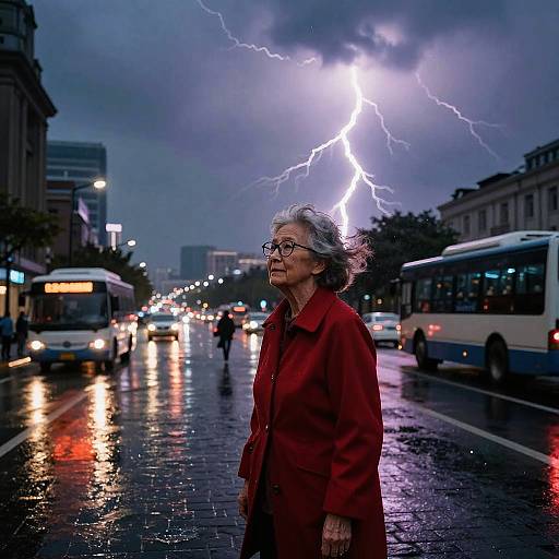 Photograph of elderly woman in red coat, glasses, gray hair, standing on wet city street during thunderstorm with bright lightning.