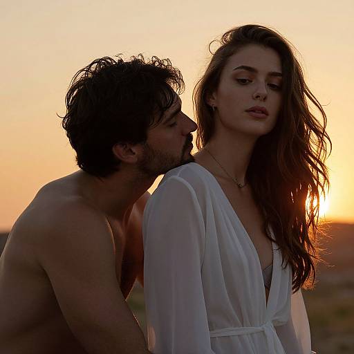Photograph of a shirtless man with dark, wavy hair kissing the shoulder of a brunette woman in a white, sheer robe at sunset.