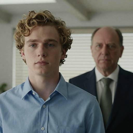 Photograph of a young man with curly blonde hair and blue eyes in a light blue shirt, standing in front of an older man in a dark suit