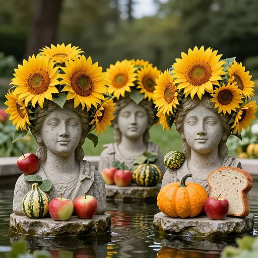 Photograph of two stone statues with sunflower crowns, surrounded by apples, gourds, pumpkins, and bread, floating in a pond