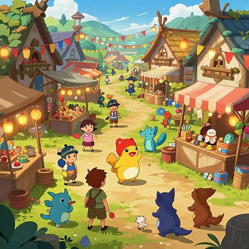 Lively Market Village with Pokemon Trainers