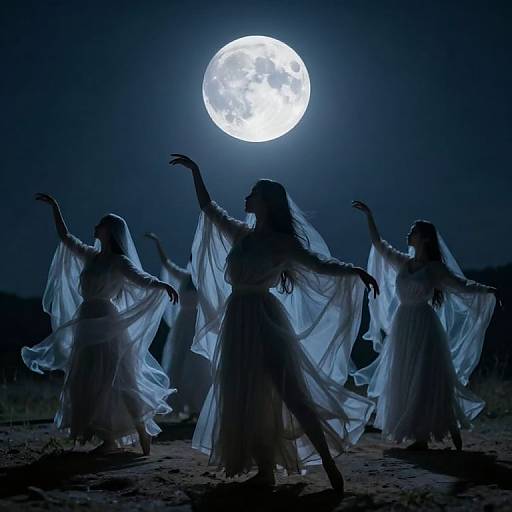Photograph of four silhouetted women in flowing white dresses dancing under a bright full moon in a dark, desert-like landscape.
