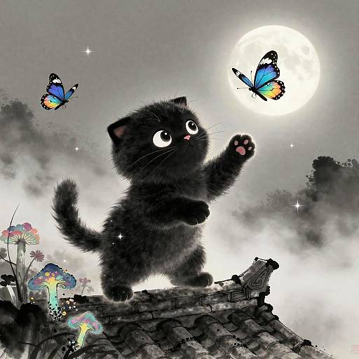 Whimsical digital drawing of a fluffy black kitten, with large eyes, reaching up to blue and orange butterflies under a full moon, standing on a