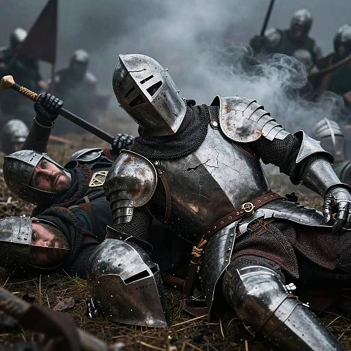 Photograph of medieval battle scene: armored knights in silver steel armor clash, one knight lies wounded with smoke in background.