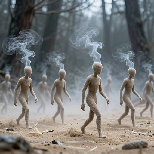 Digital artwork of faceless, smoke-headed figures in a misty forest, walking with ethereal blue smoke rising from their heads. Foreground has scattered