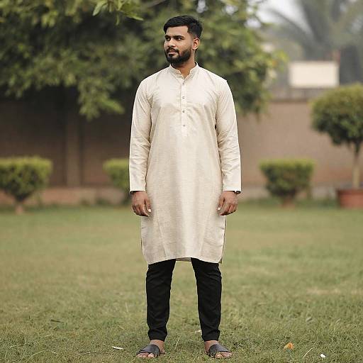 Photograph of a bearded South Asian man in a white traditional long kurta and black pants, standing on a grassy lawn, looking to the