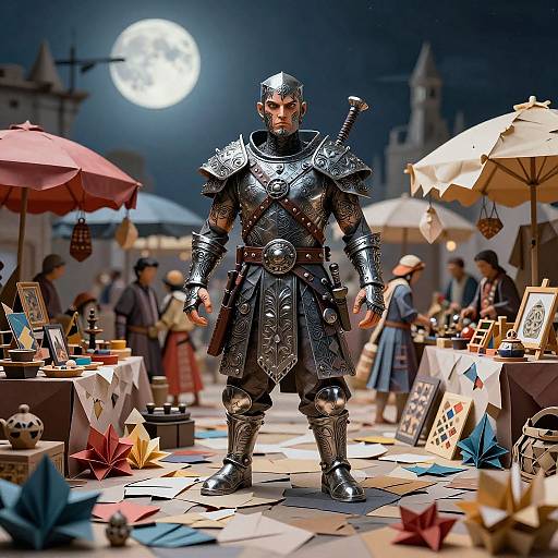 Digital artwork of a muscular, armored knight standing in a moonlit market with colorful umbrellas and vendors, surrounded by paper crafts.