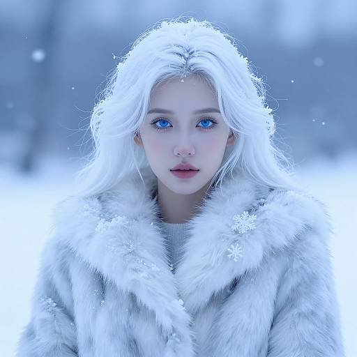 Digital artwork of a fair-skinned, blue-eyed girl with long white hair, wearing a fluffy white fur coat, set in a snowy, blue-ton