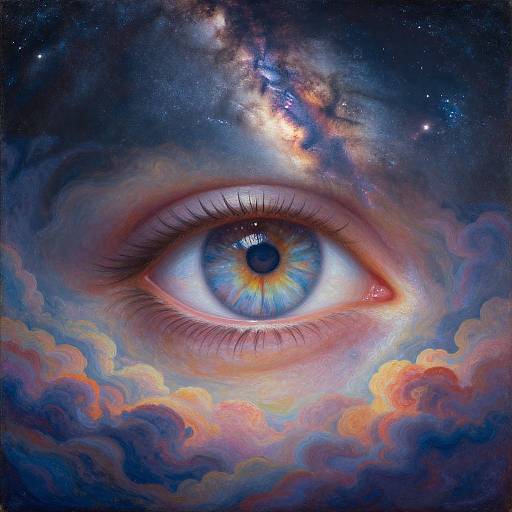 Digital artwork of a vivid blue eye with a yellow iris, surrounded by colorful clouds and a cosmic galaxy backdrop.