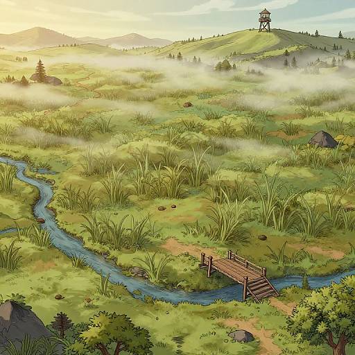 Digital landscape illustration of a misty, sunlit valley with a winding river, wooden bridge, grassy hills, and a small tower on a distant