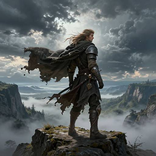 Digital fantasy art: Muscular, blonde warrior in tattered black armor stands on rocky cliff, overlooking misty mountain landscape under stormy sky.