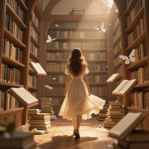 Photograph-style digital art: A woman with long brown hair in a white dress walks through a sunlit library aisle, surrounded by floating books and butterflies