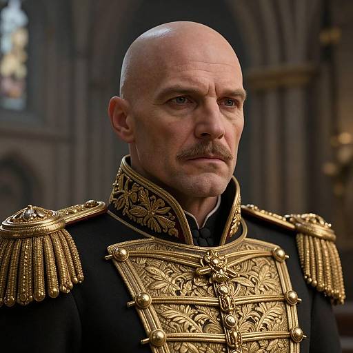 Photograph of a bald, middle-aged man with a mustache, wearing an ornate, gold-embroidered black military uniform in a dim