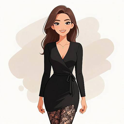 Digital anime-style illustration of a smiling woman with long brown hair, wearing a black long-sleeve dress, lace-patterned tights, and a