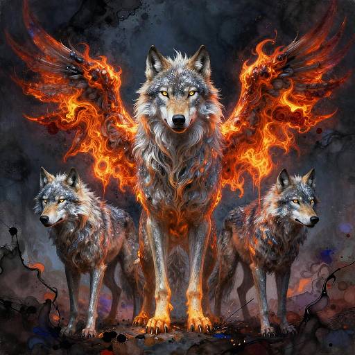 Digital painting of three fierce, fiery-winged wolves with glowing orange wings, standing in a dark, smoky background, centered and symmetric.