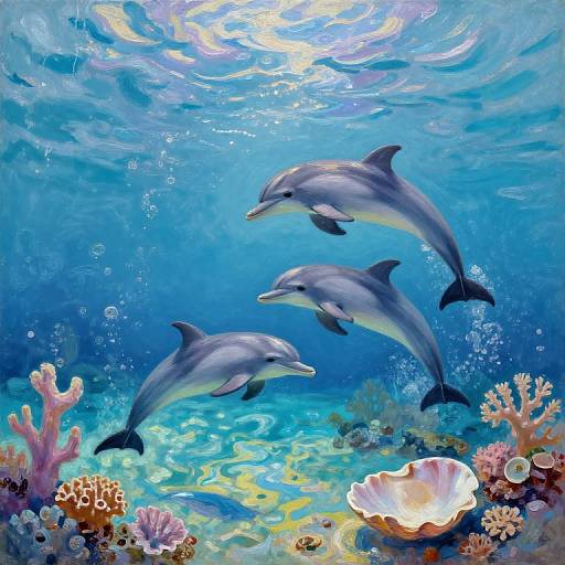 Vibrant underwater scene: three dolphins swim gracefully above colorful coral reef with a glowing sea shell, bubbles, and sunlight filtering through. Digital illustration.