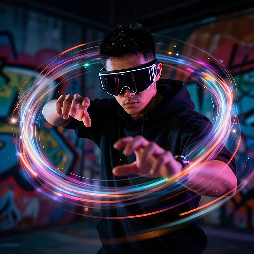 Photograph of a young Asian man with short black hair, wearing dark sunglasses and a black hoodie, creating colorful light rings with his hands in a graffiti