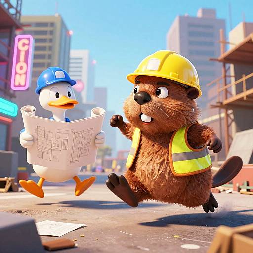 CGI cartoon of a brown beaver in a yellow helmet and safety vest, running, and a white duck with a blue helmet, reading blueprints