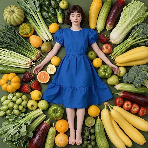 Photograph of a fair-skinned woman with short black hair, wearing a blue dress, surrounded by various fresh vegetables and fruits, lying down with arms